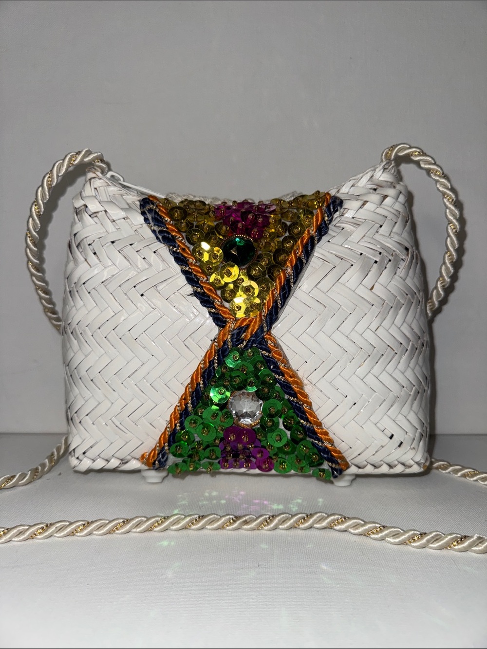 Vintage Handwoven Philippines Straw Crossbody Bag Sequin Boho